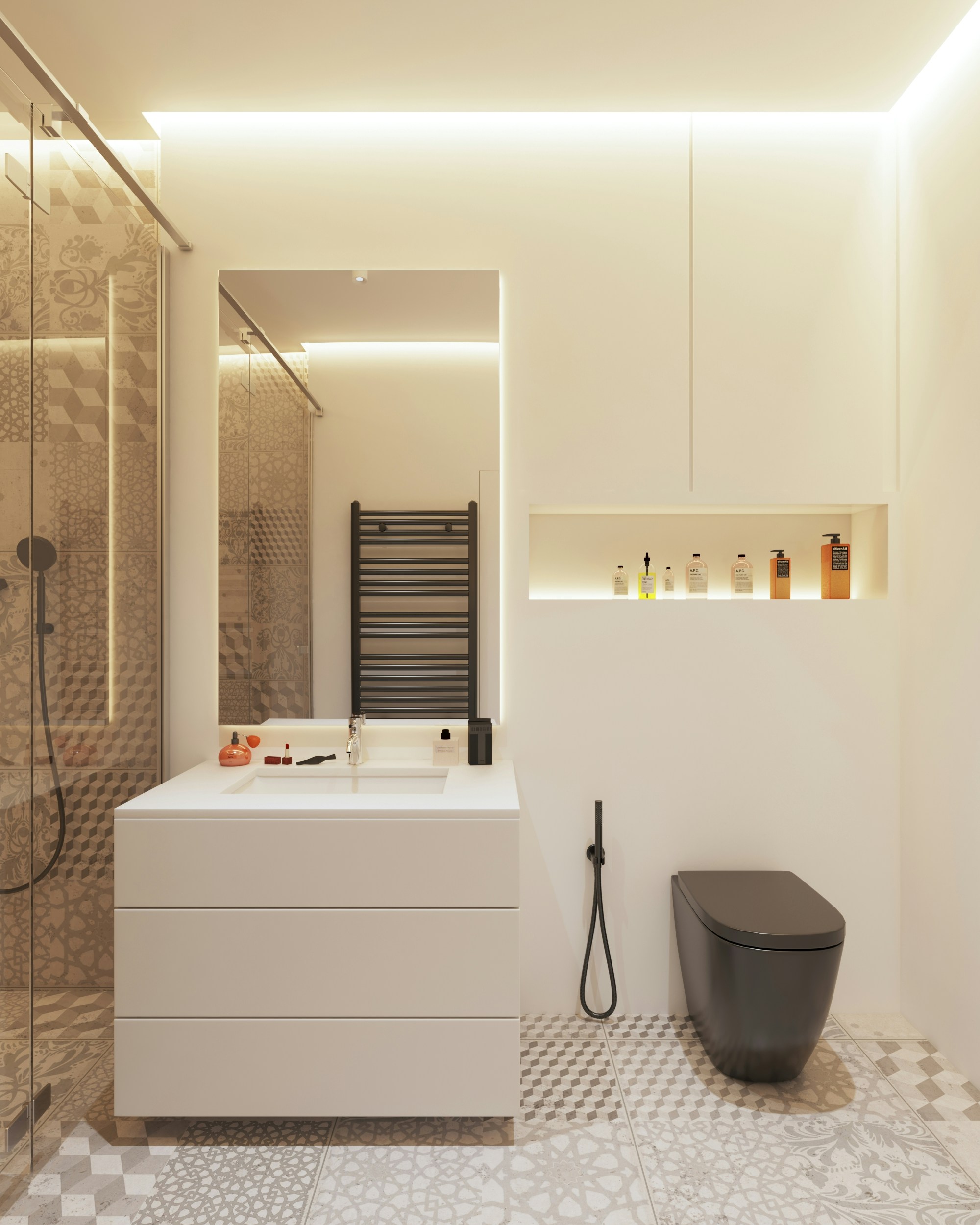 Moderne Badsanierung in Wien mit LED Spiegel, Walk-In Dusche und Design Fliesen