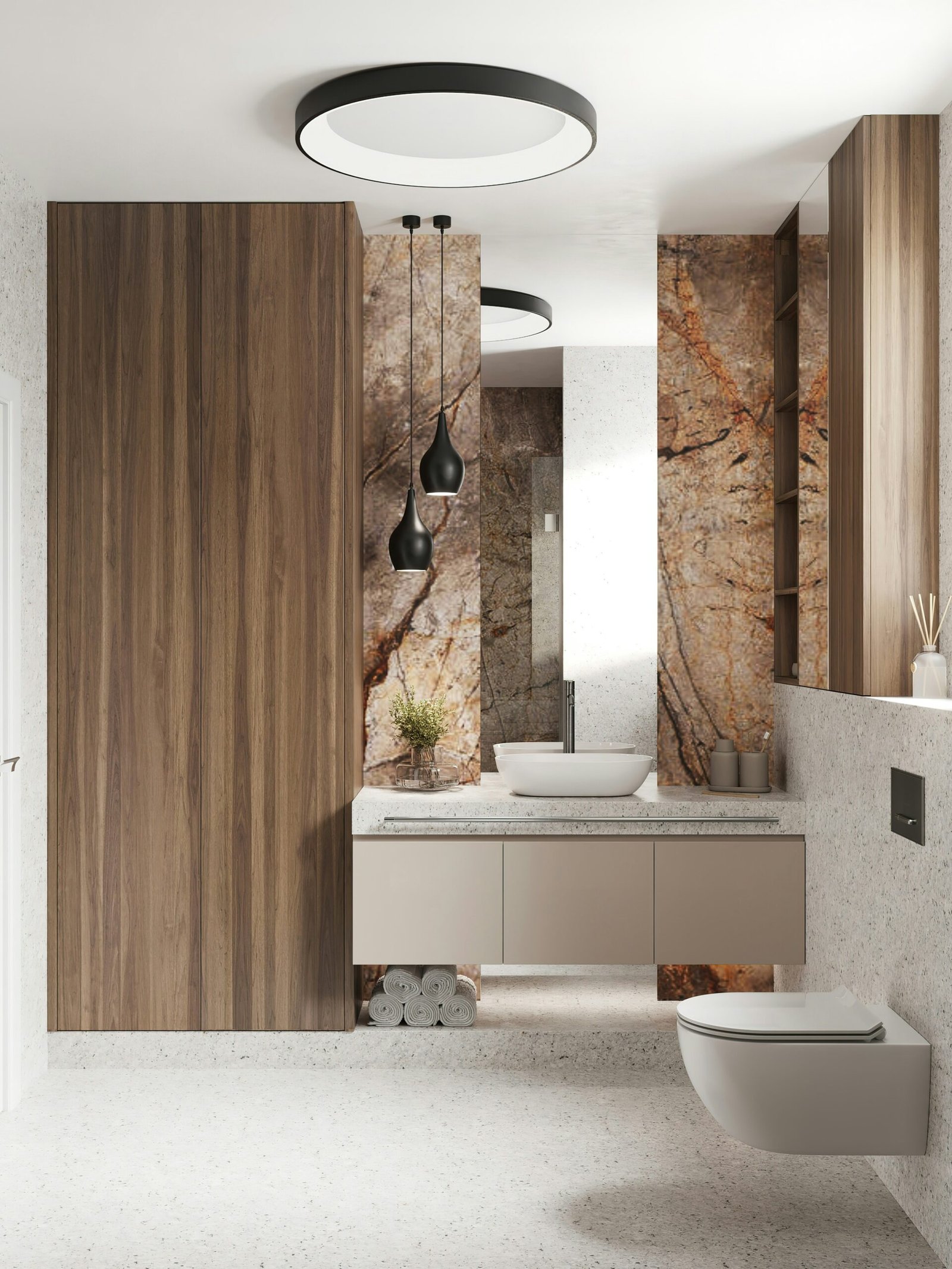 Moderner Waschtisch mit Holzoptik bei Altbau-Badsanierung in Wien