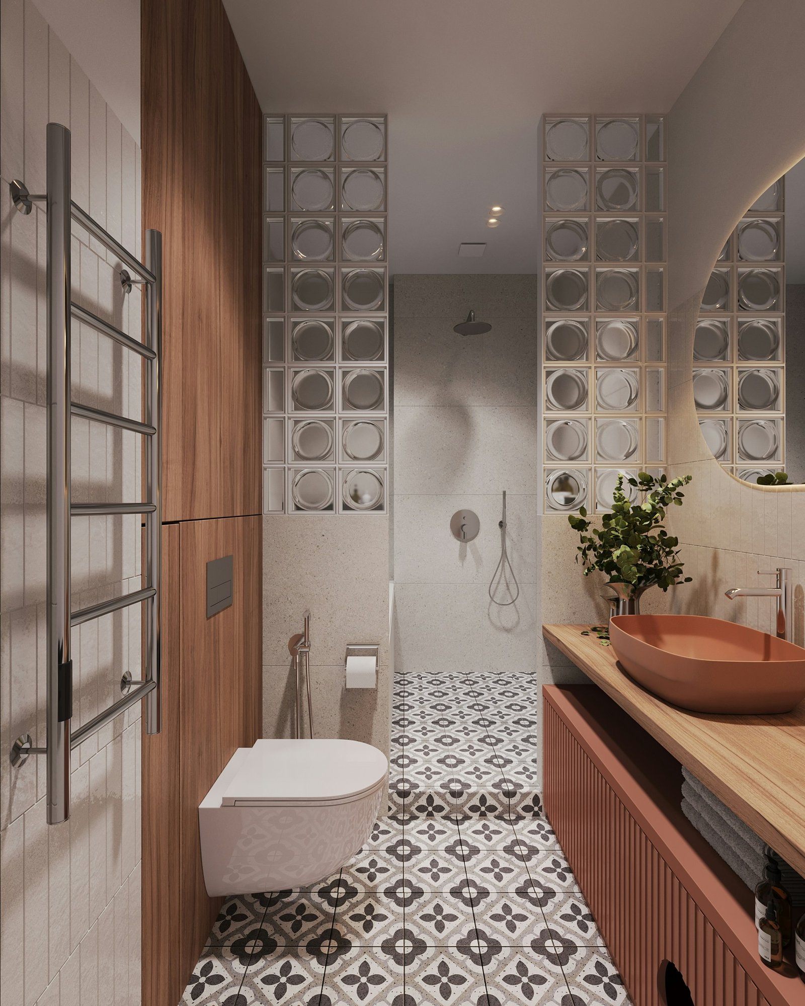 Moderne Badsanierung in Wien mit LED Spiegel, Walk-In Dusche und Design Fliesen