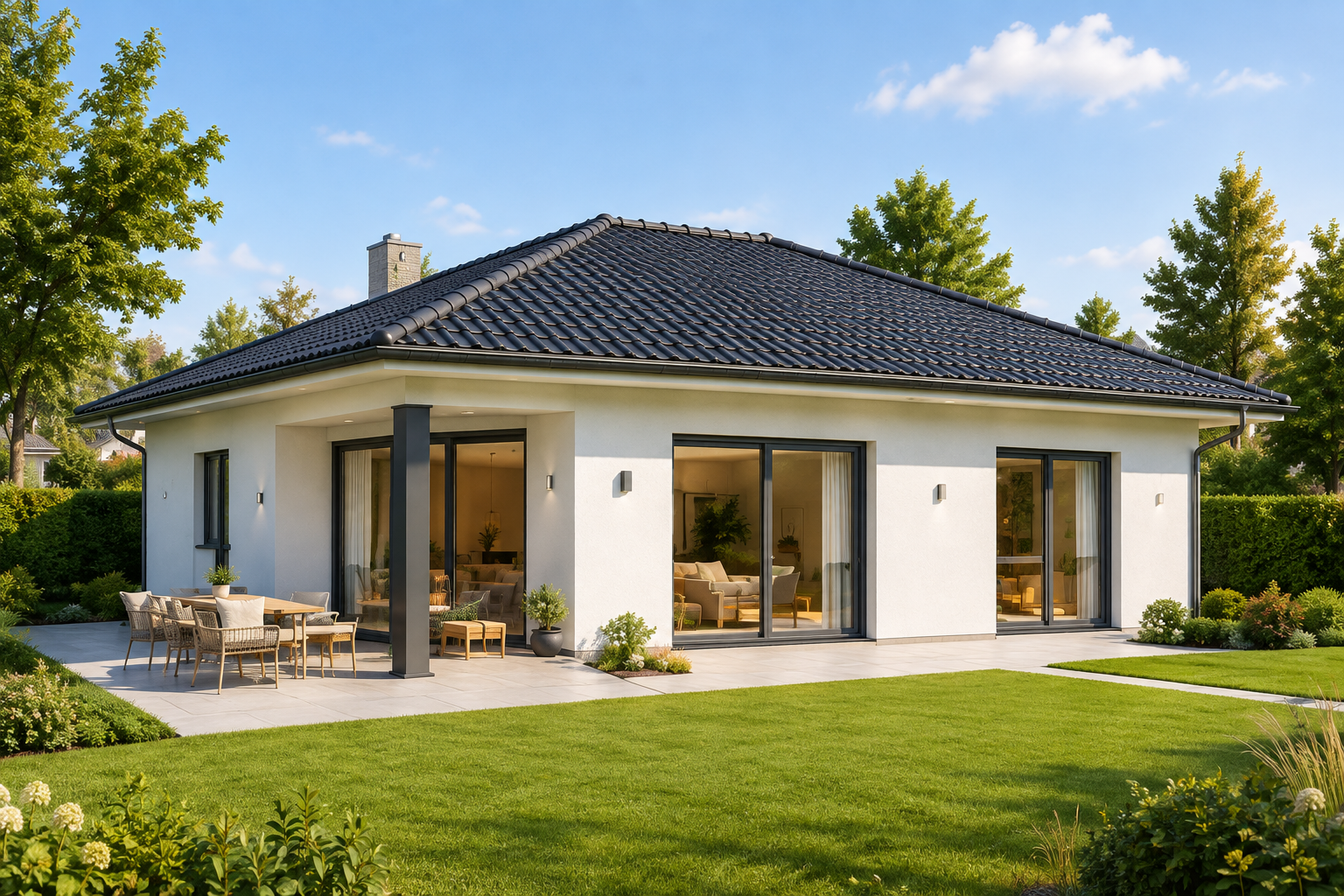 Heller Bungalow mit dunklem Walmdach, überdachter Terrasse und Garten – Visualisierung