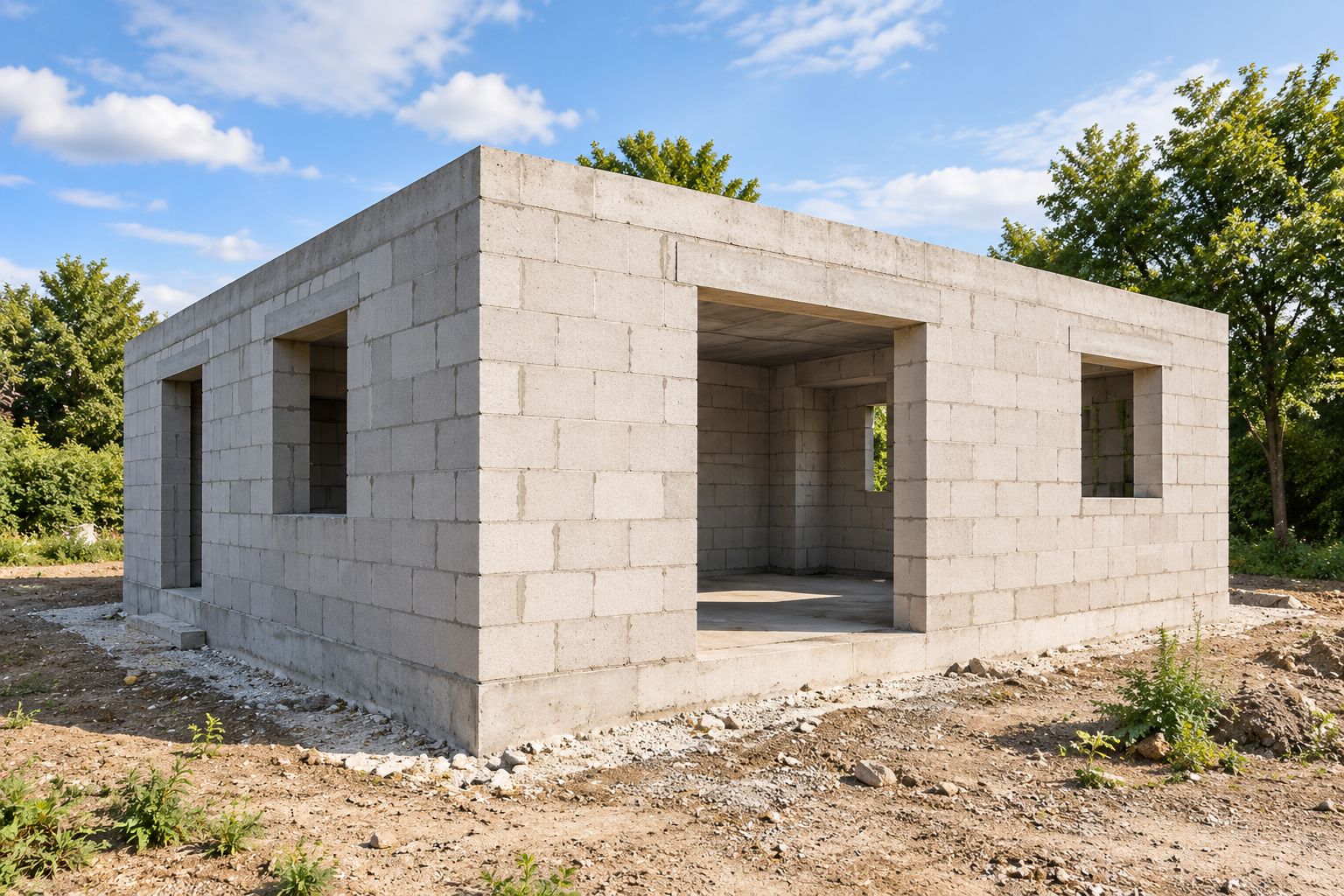 Rohbau eines eingeschossigen Hauses mit unverputztem Mauerwerk und offenen Fensteröffnungen – Visualisierung