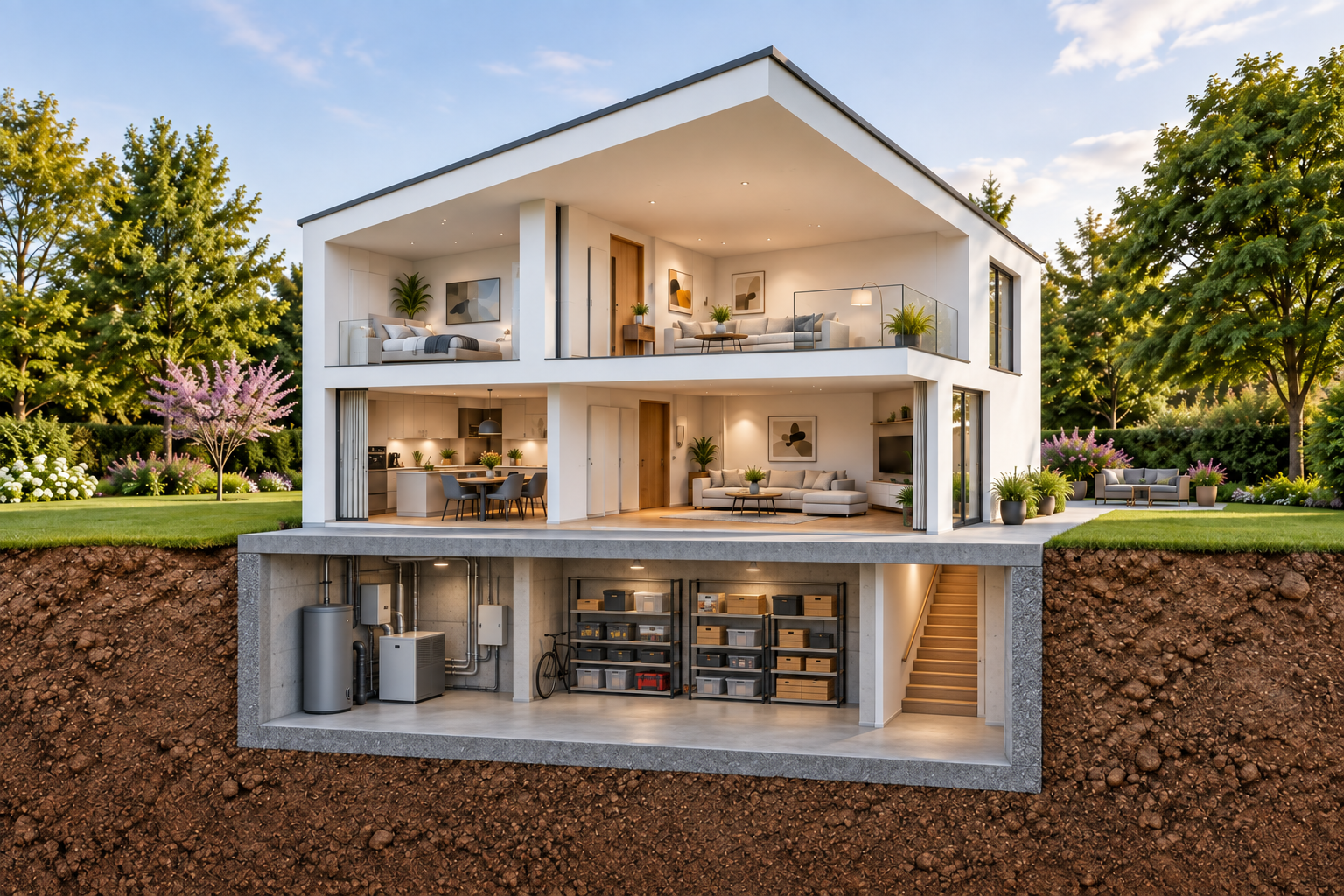 Schnittvisualisierung desselben Hauses mit unterirdischem Keller, Technikbereich, Lagerregalen und Treppe