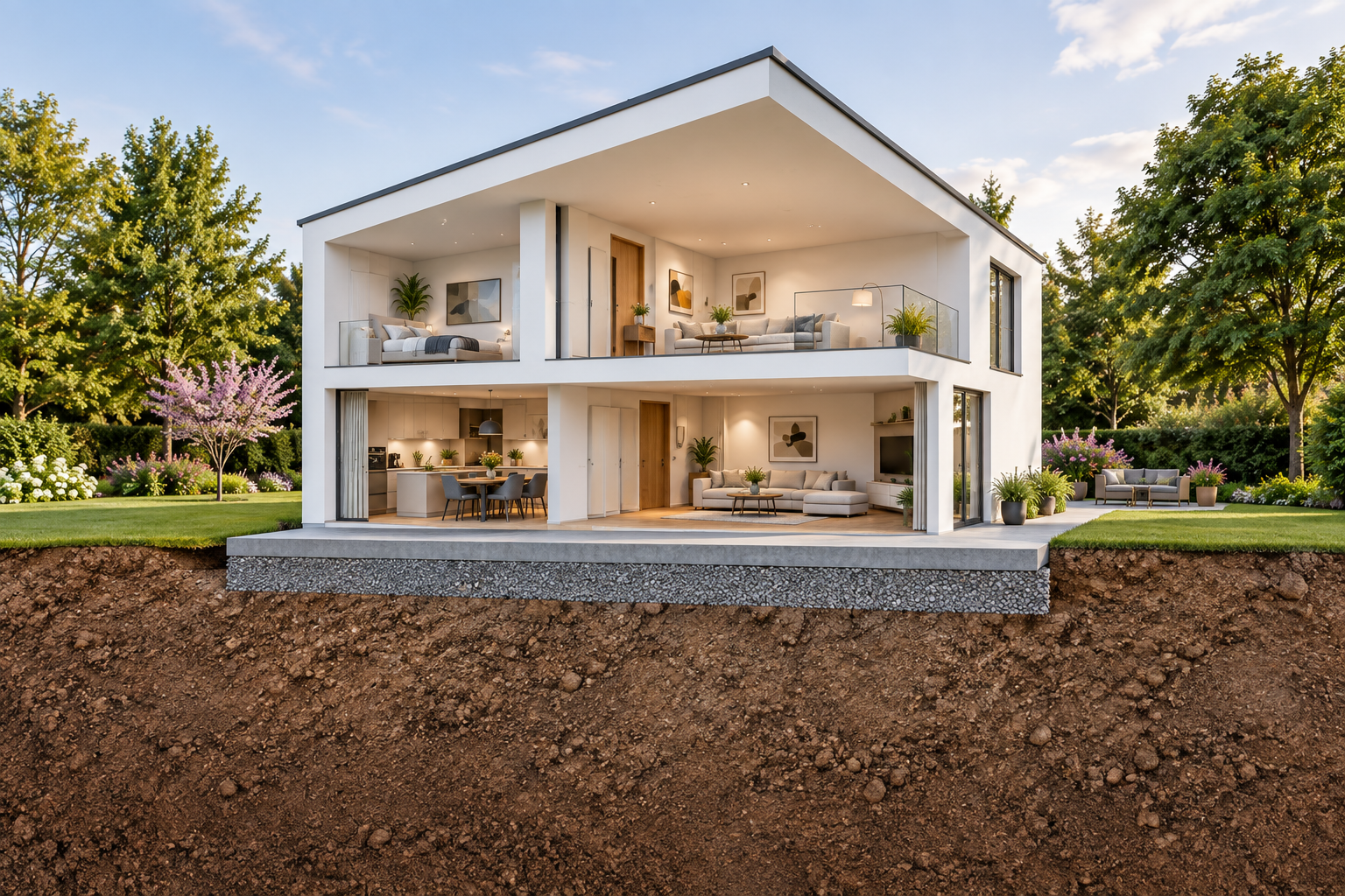 Schnittvisualisierung eines Hauses ohne Keller mit Bodenplatte auf einer Schotterschicht