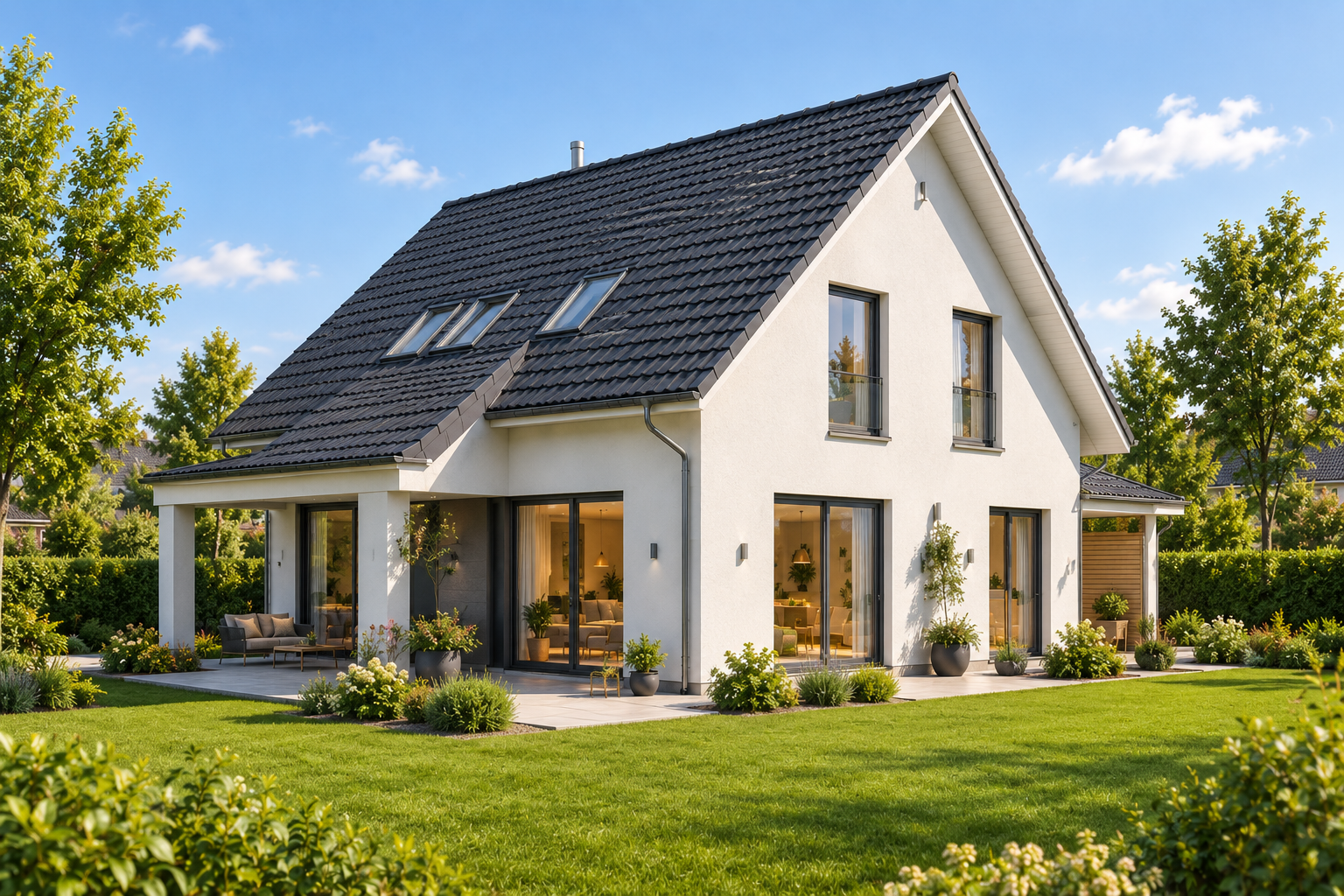 Klassisches Einfamilienhaus mit Satteldach, heller Fassade, großen Fenstern und Gartenterrasse – Visualisierung