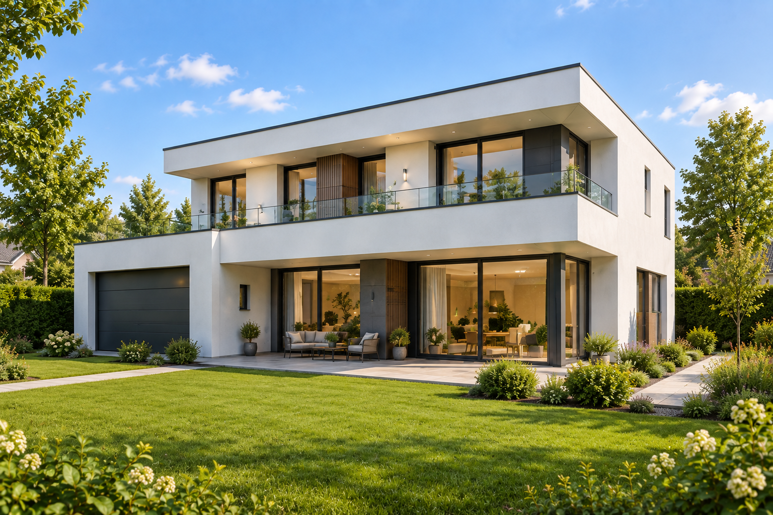 Modernes zweigeschossiges Einfamilienhaus mit Flachdach, Glasbalkon, Terrasse und Garten – Visualisierung