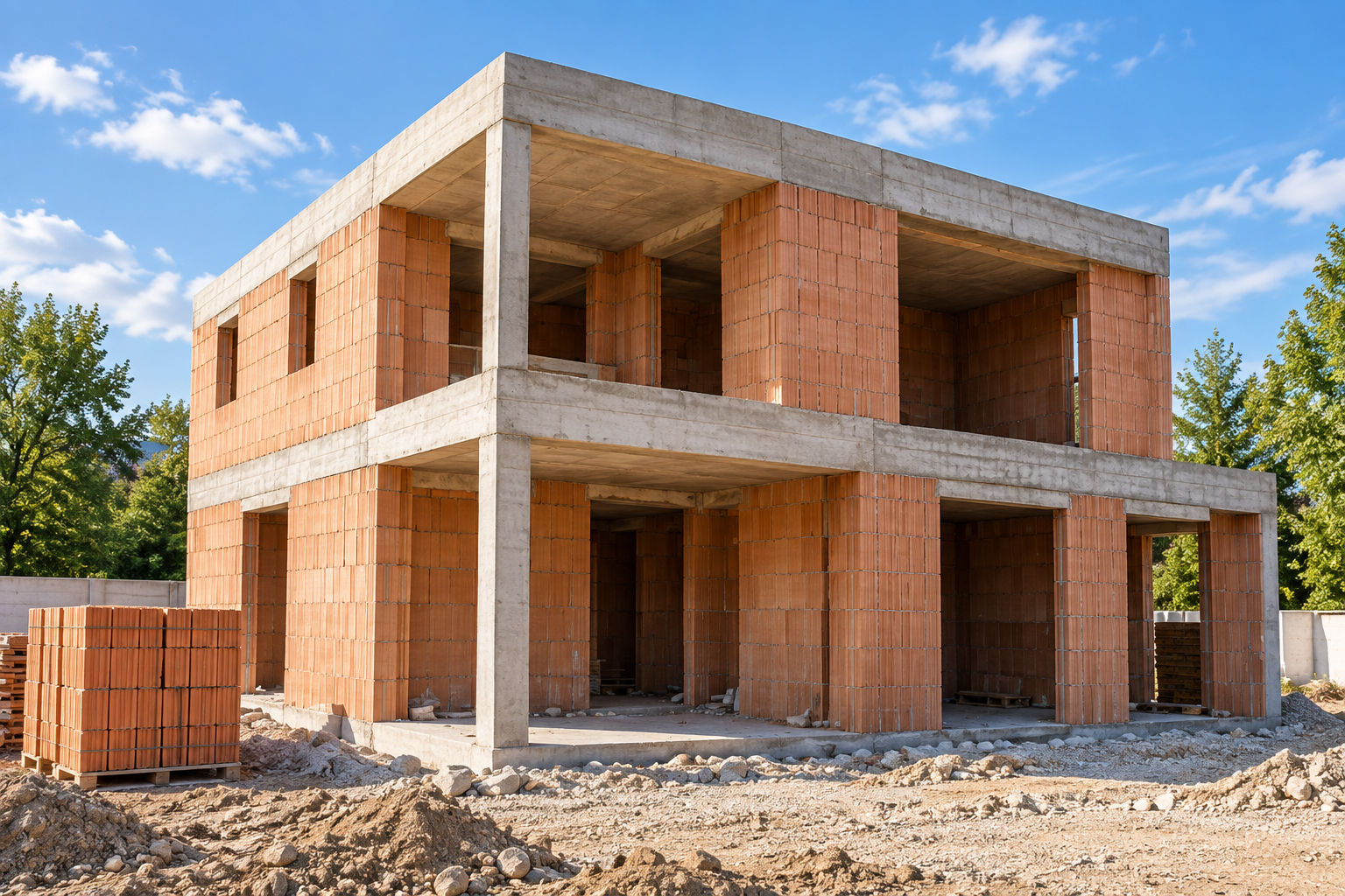 Visualisierung eines zweigeschossigen Massivhauses im Ziegelrohbau mit Stahlbetondecken.