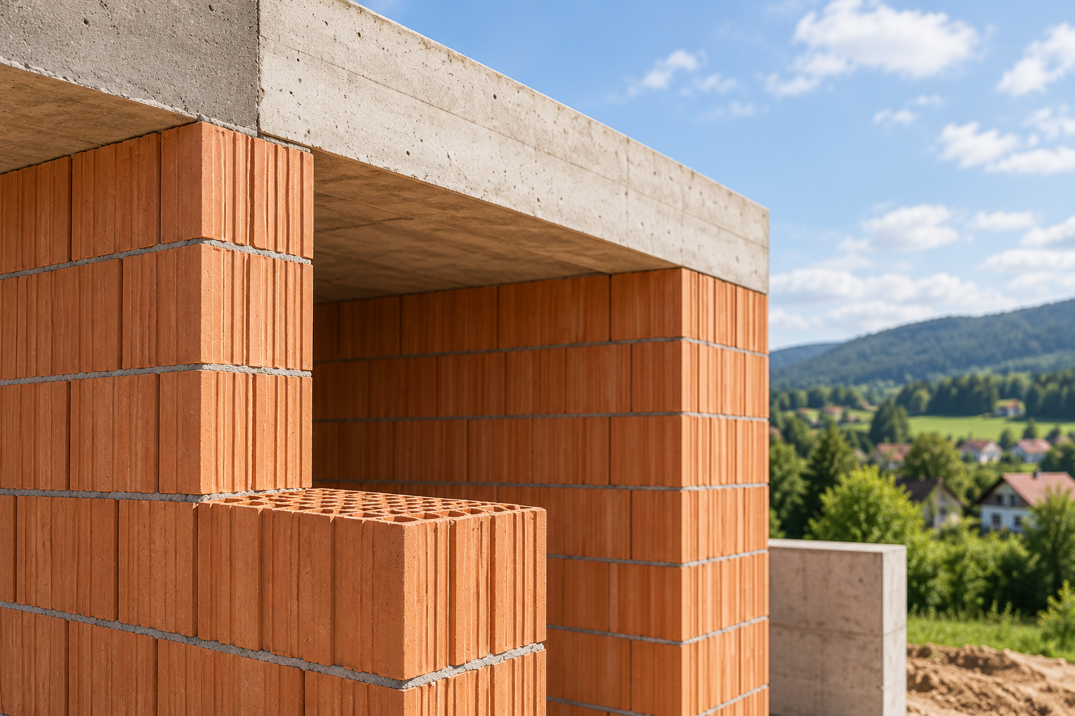 Ziegelmauerwerk eines Massivhauses im Rohbau mit Fensteröffnung und Stahlbetondecke.