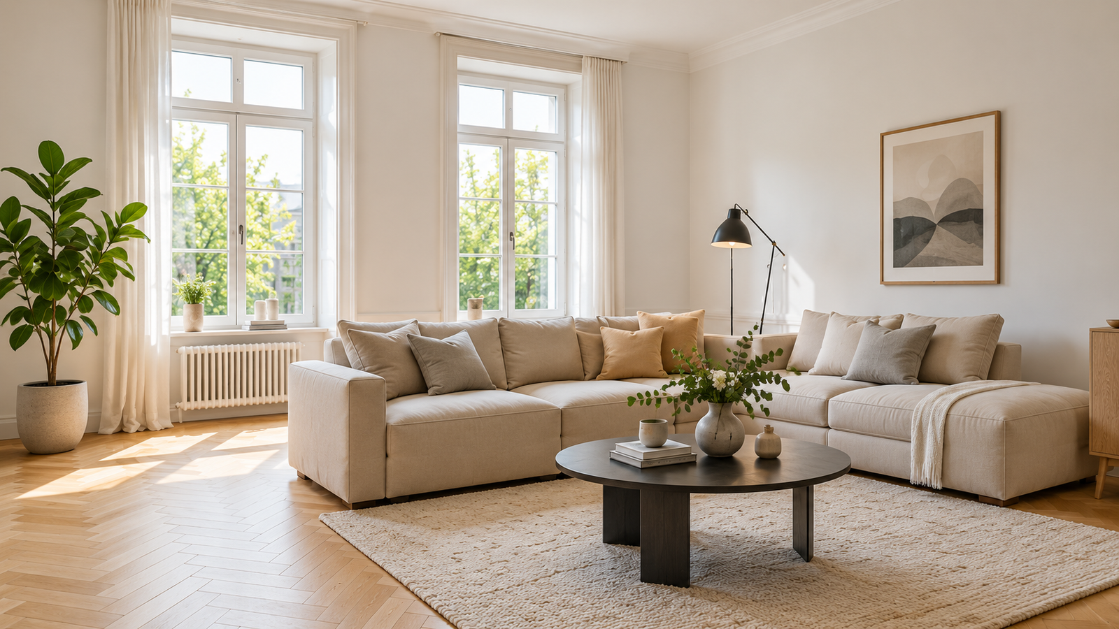 Visualisierung eines hellen Wohnzimmers mit beigem Ecksofa, dunklem Couchtisch und Fischgrätparkett.